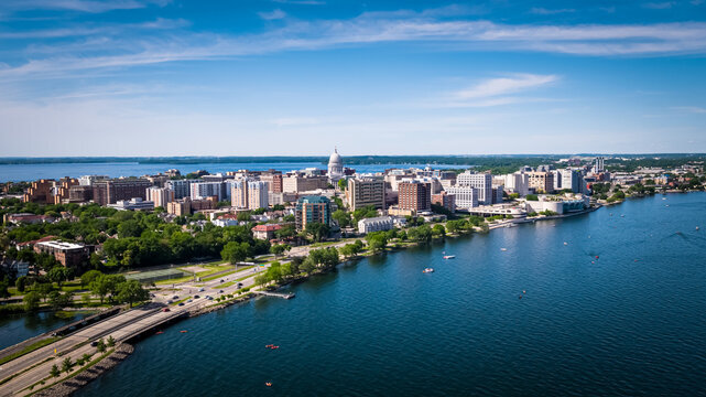 Aerial view of downtown Madison, Wisconsin, with the state capitol and Lake Monona.