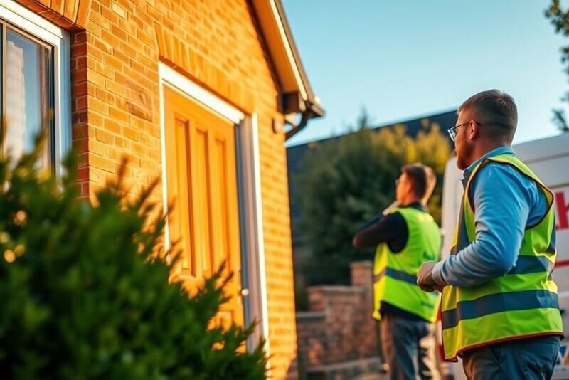 Two contractors in reflective vests inspecting the exterior of a house during a renovation project.