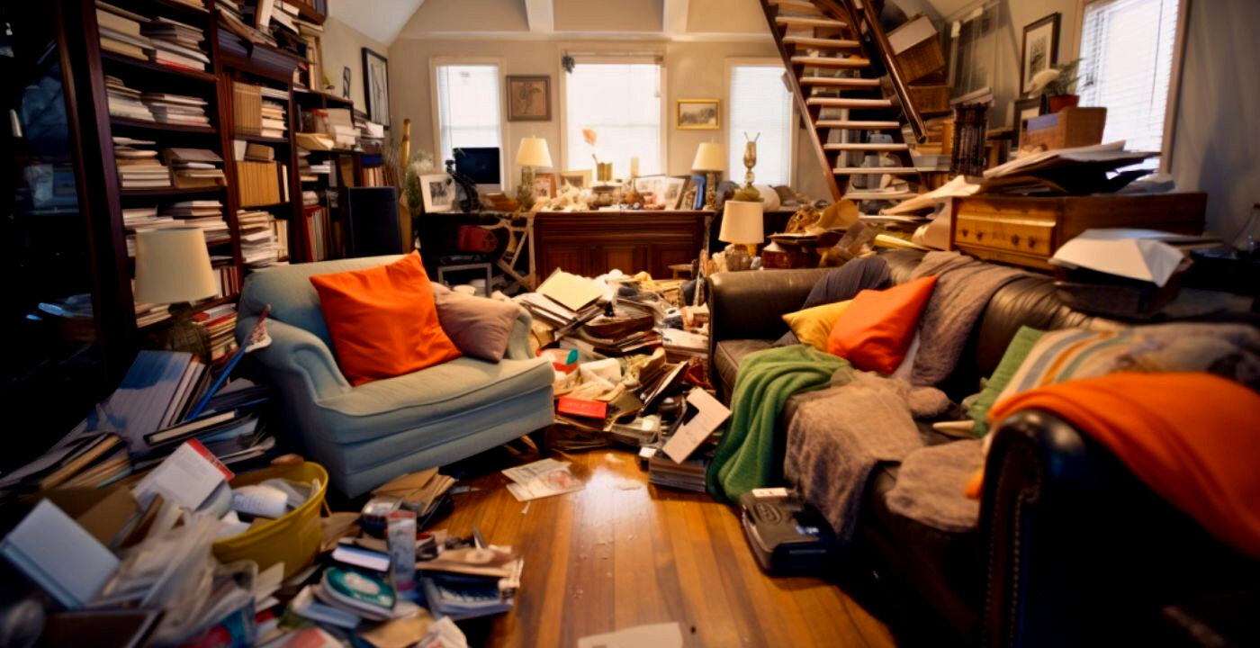 Cluttered living room in a hoarder house with piles of books, papers, and furniture, illustrating the challenges of selling a hoarder home in Madison.