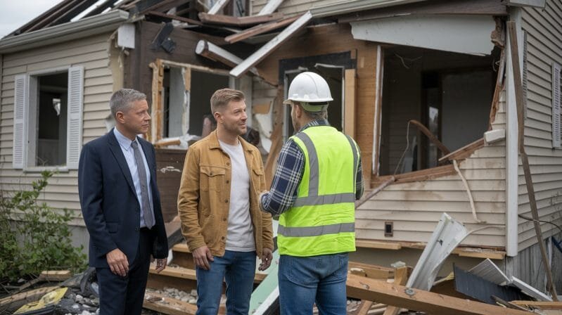 Three men, including a contractor in a safety vest and helmet, discussing in front of a severely damaged house—symbolizing the decision-making process homeowners face when selling a house with water damage in Madison.