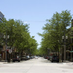 Tree-lined street in downtown Kenosha with parked cars and historic buildings.