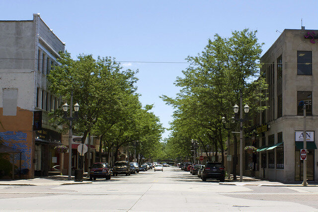 Tree-lined street in downtown Kenosha with parked cars and historic buildings.