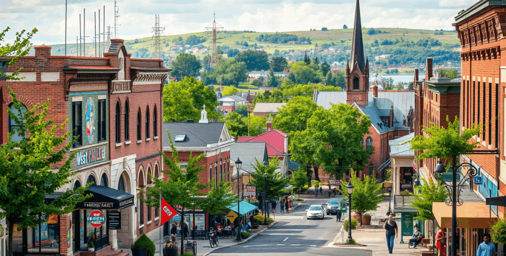 Downtown West Allis street view with historic brick buildings, church steeple, and rolling green hills in the background.