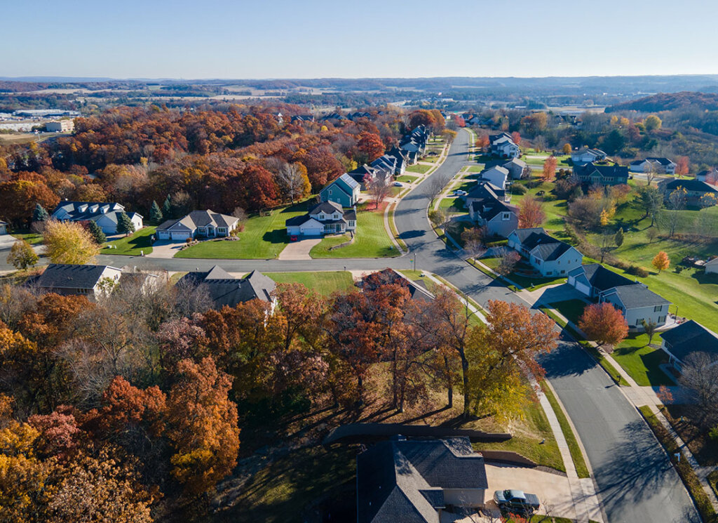 Aerial view of a quiet suburban neighborhood in New Berlin, Wisconsin, ideal for selling an inherited property in New Berlin.