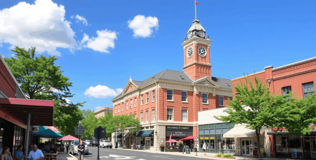 Vibrant downtown Waukesha street with historic red-brick buildings, a clock tower, outdoor cafes, and a bright blue sky.