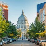 Downtown Madison street leading to the Wisconsin State Capitol building surrounded by trees and parked cars.
