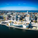 Aerial view of downtown Madison, Wisconsin with the State Capitol and lakefront buildings.