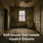 Interior of a damaged Ontario house needing repairs – cracked walls, peeling paint, and worn flooring for Sell house that needs repairs Ontario blog by WeBuyHousesQuick.ca