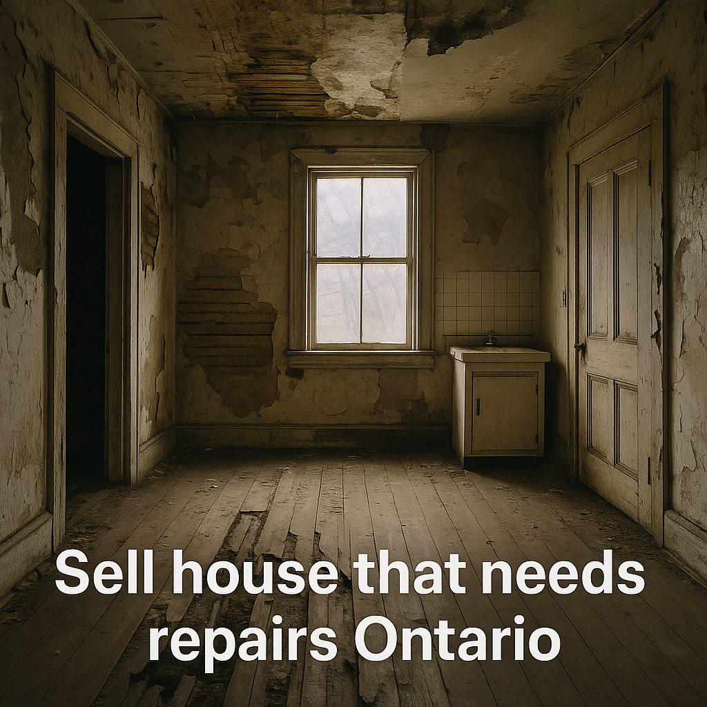 Interior of a damaged Ontario house needing repairs – cracked walls, peeling paint, and worn flooring for Sell house that needs repairs Ontario blog by WeBuyHousesQuick.ca