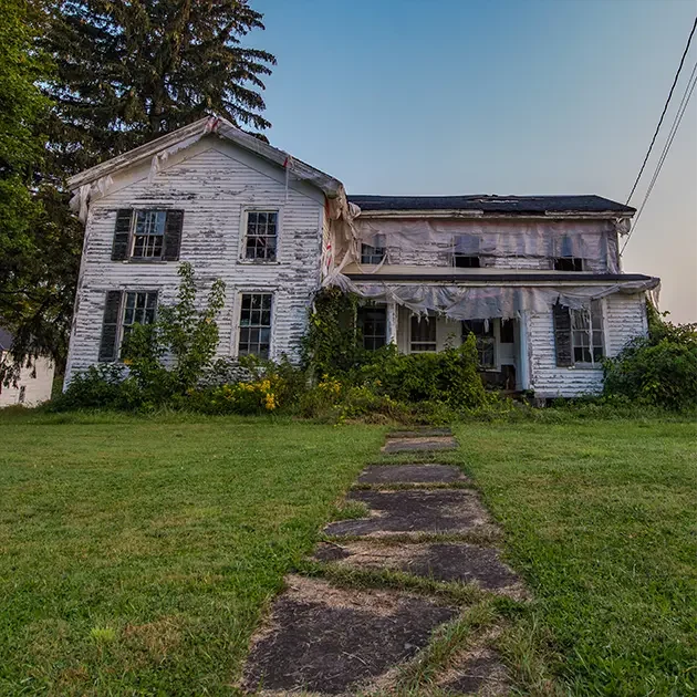 Overgrown vacant house exterior in Buffalo NY