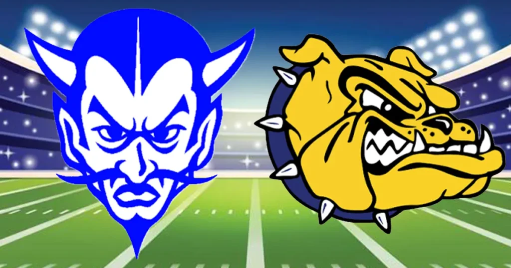 Graphic featuring Kenmore East and Kenmore West school-themed mascots on a football field background.