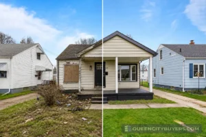 Before and after exterior of a distressed house in Buffalo NY