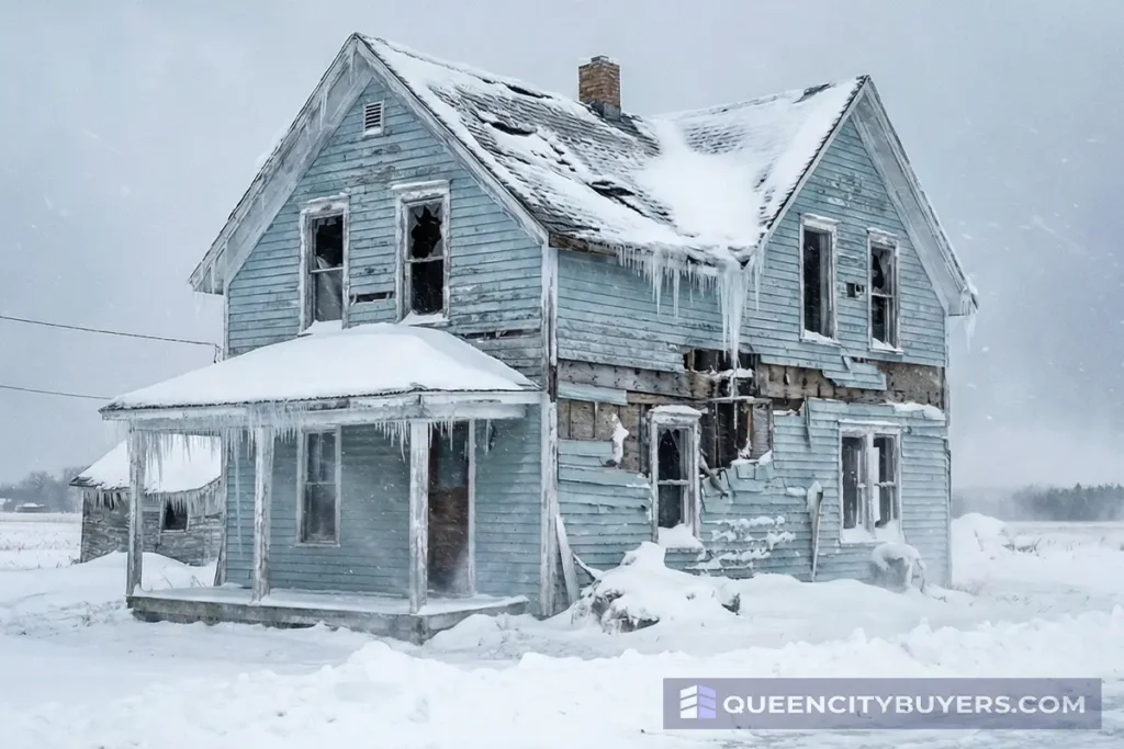 Distressed house exterior in Buffalo during winter