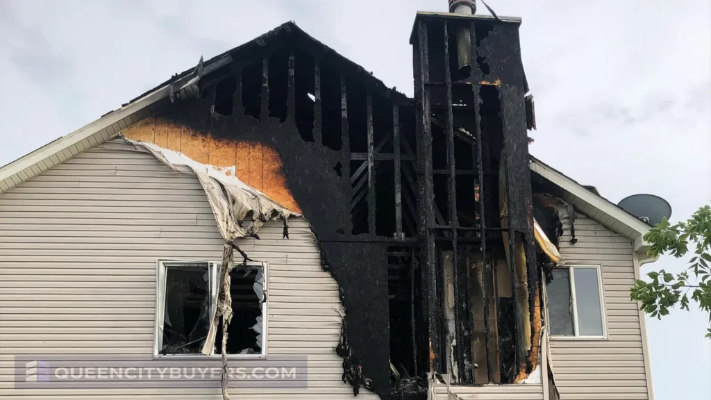 Severe exterior fire damage on a house with burned framing and broken windows