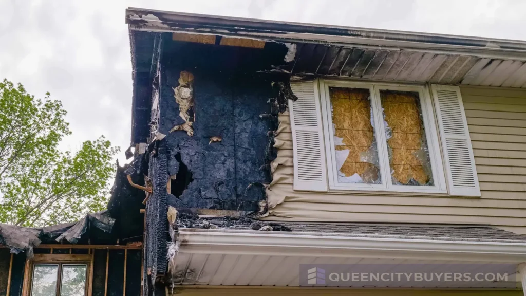 Exterior fire damage on a Buffalo house with burned siding and boarded windows