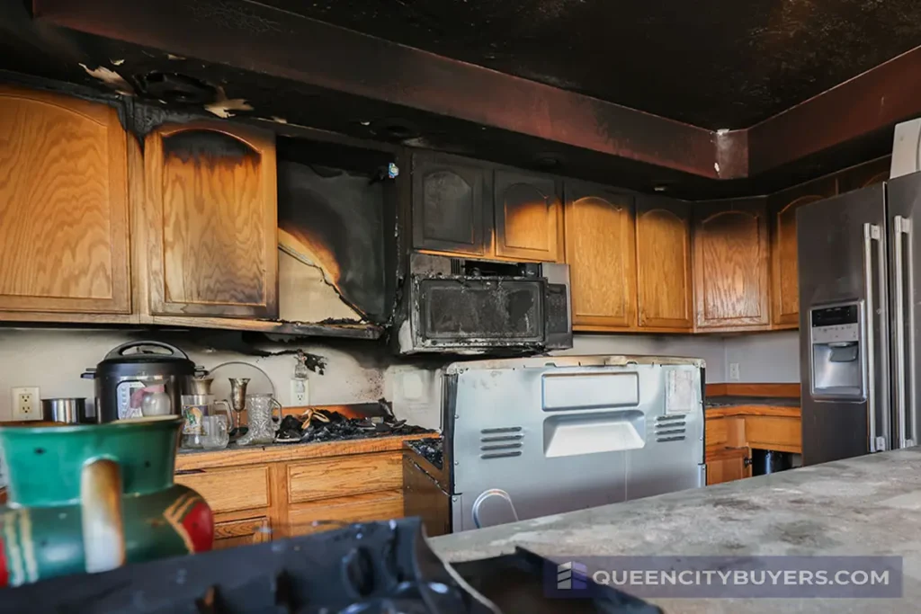 Fire-damaged kitchen interior with smoke damage and burned cabinets