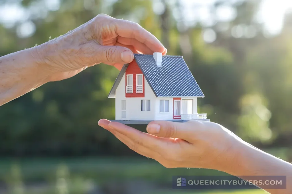 Inherited house represented by a small home held in hands