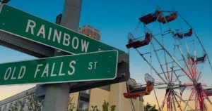Old Falls Street and Rainbow Boulevard street signs in Niagara Falls NY