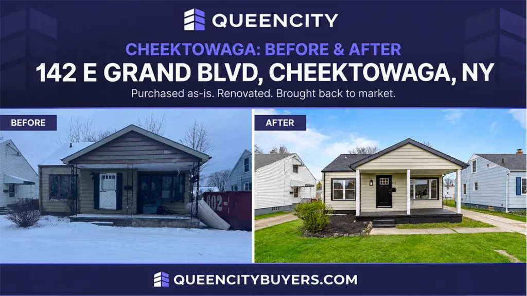 Before and after of a Cheektowaga house on E Grand Blvd purchased as-is and renovated by Queen City Buyers