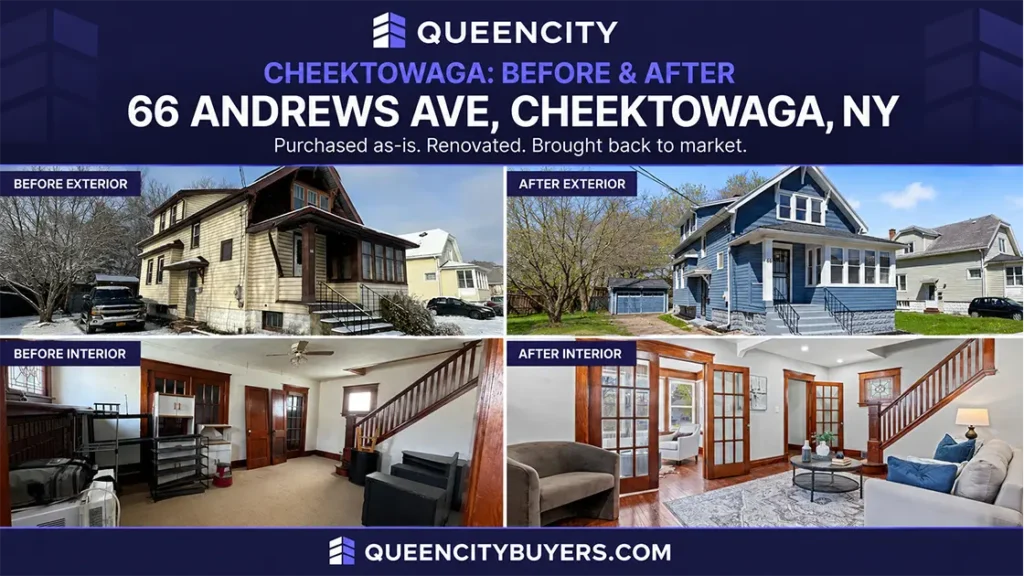 Before and after of 66 Andrews Ave in Cheektowaga purchased as-is and renovated by Queen City Buyers