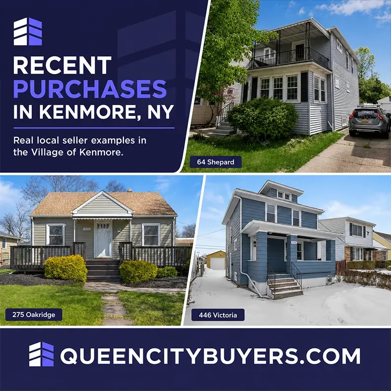Proof card from Queen City Buyers showing recent property purchases in Kenmore, NY, including 64 Shepard, 275 Oakridge, and 446 Victoria.
