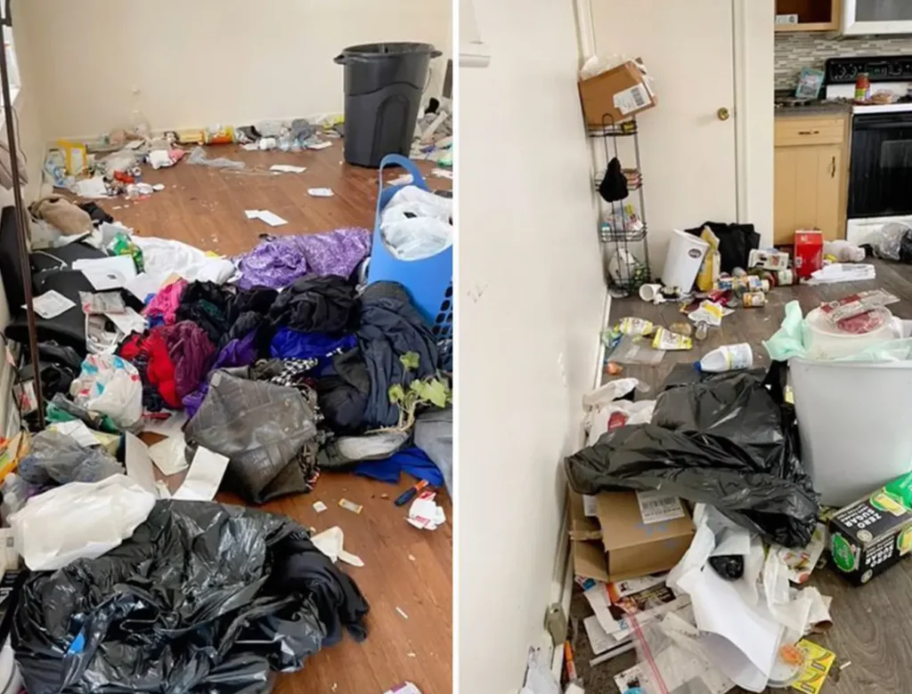 Interior of a house with clutter, trash bags, and cleanout work needed