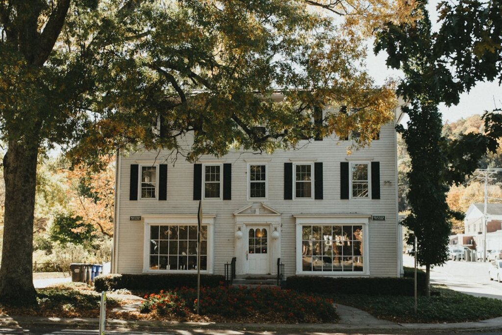 A colonial house behind a tree