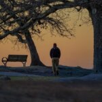 A person walking with a sunset in the backround