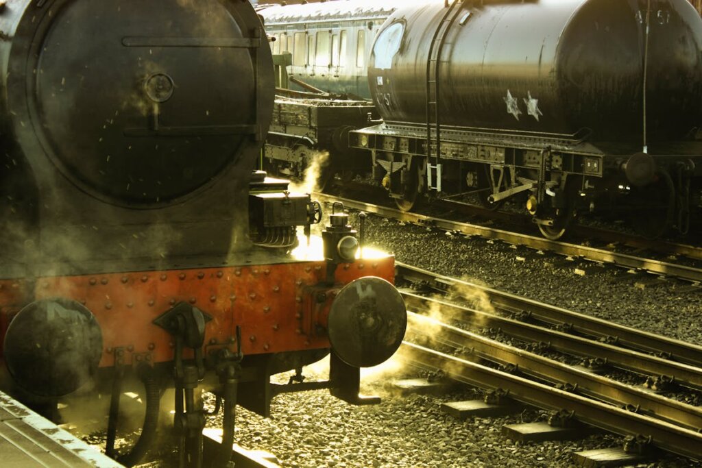 Steam trains on a train track