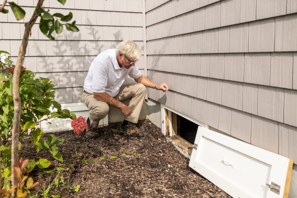 A man looking into a crawlspace opening