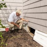 A man looking into a crawlspace opening
