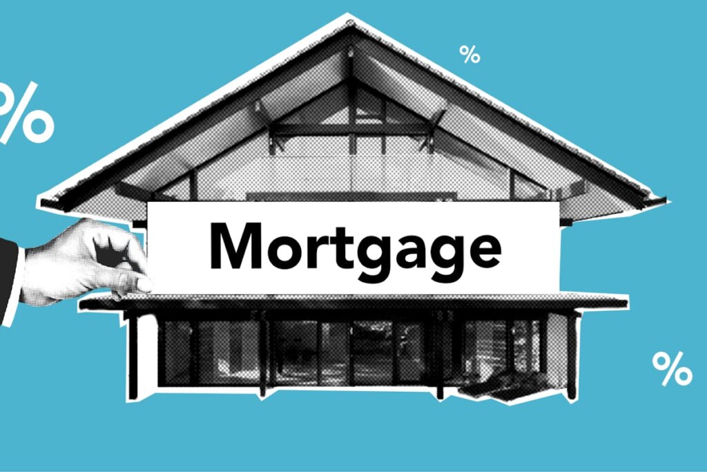 A house with a giant mortgage sign in front of it