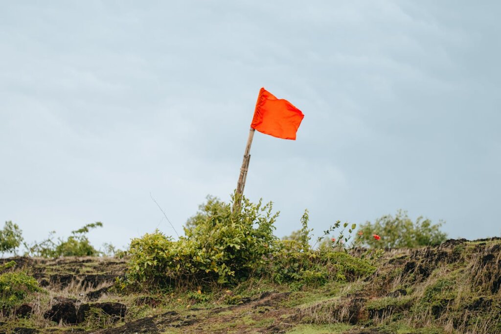 A red flag sitting on a hill