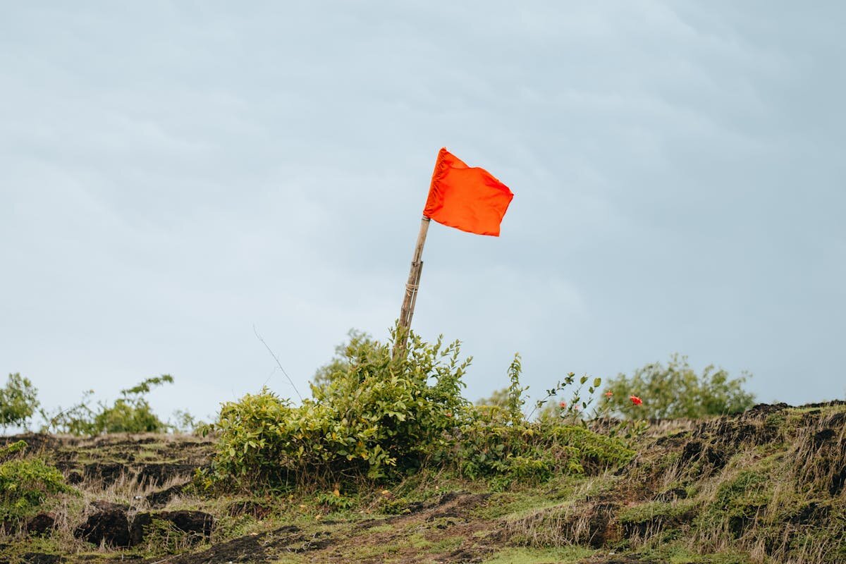 A red flag sitting on a hill