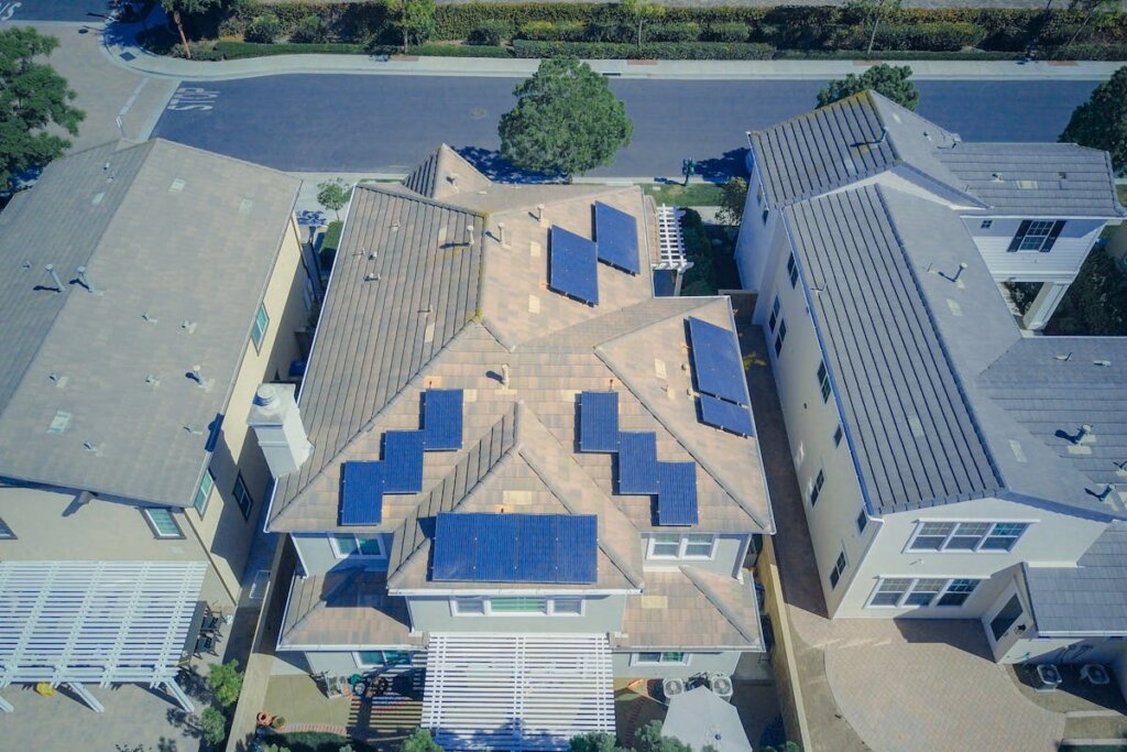 An above view of a house with solar panels