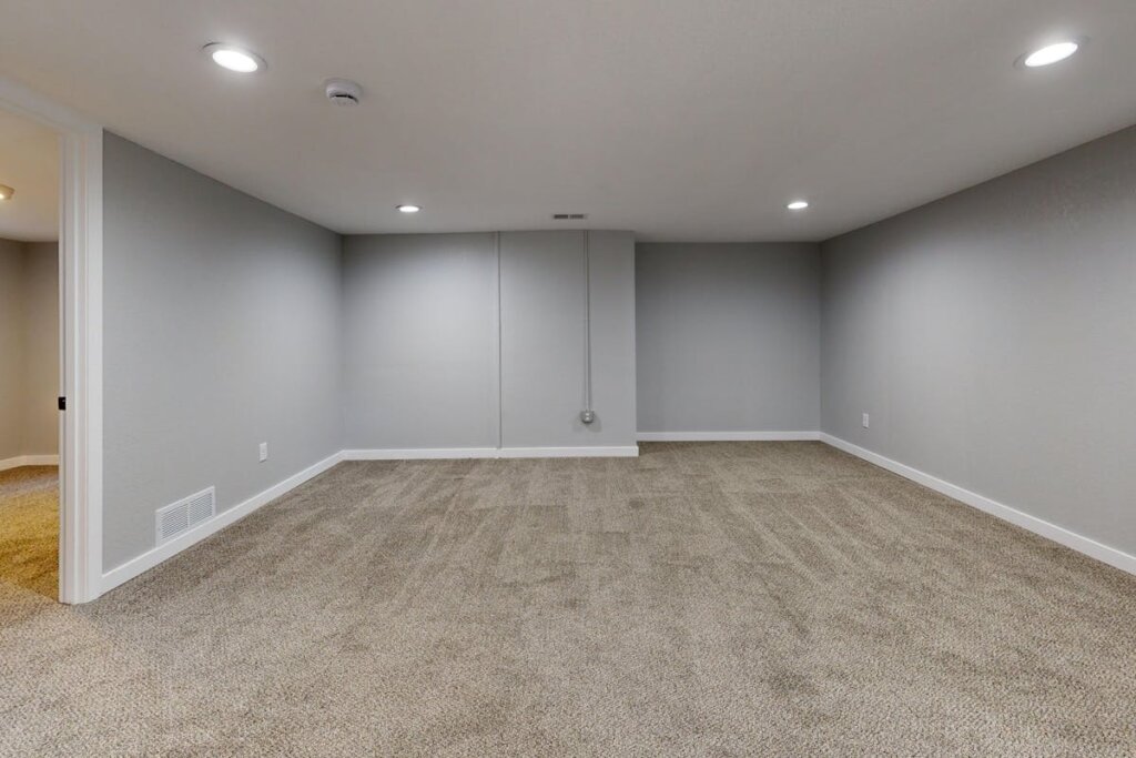 A finished basement that is ready to be decorated