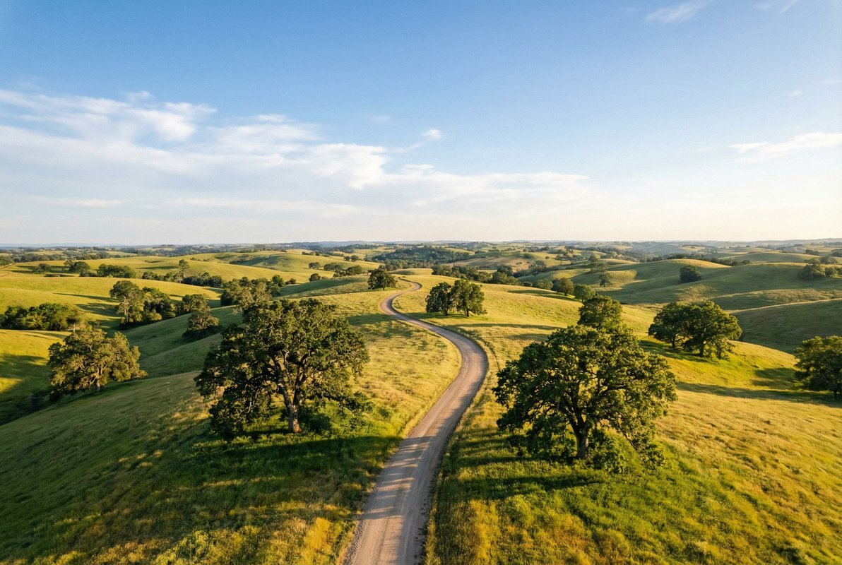 Rolling green hills and rural road — We buy vacant land nationwide