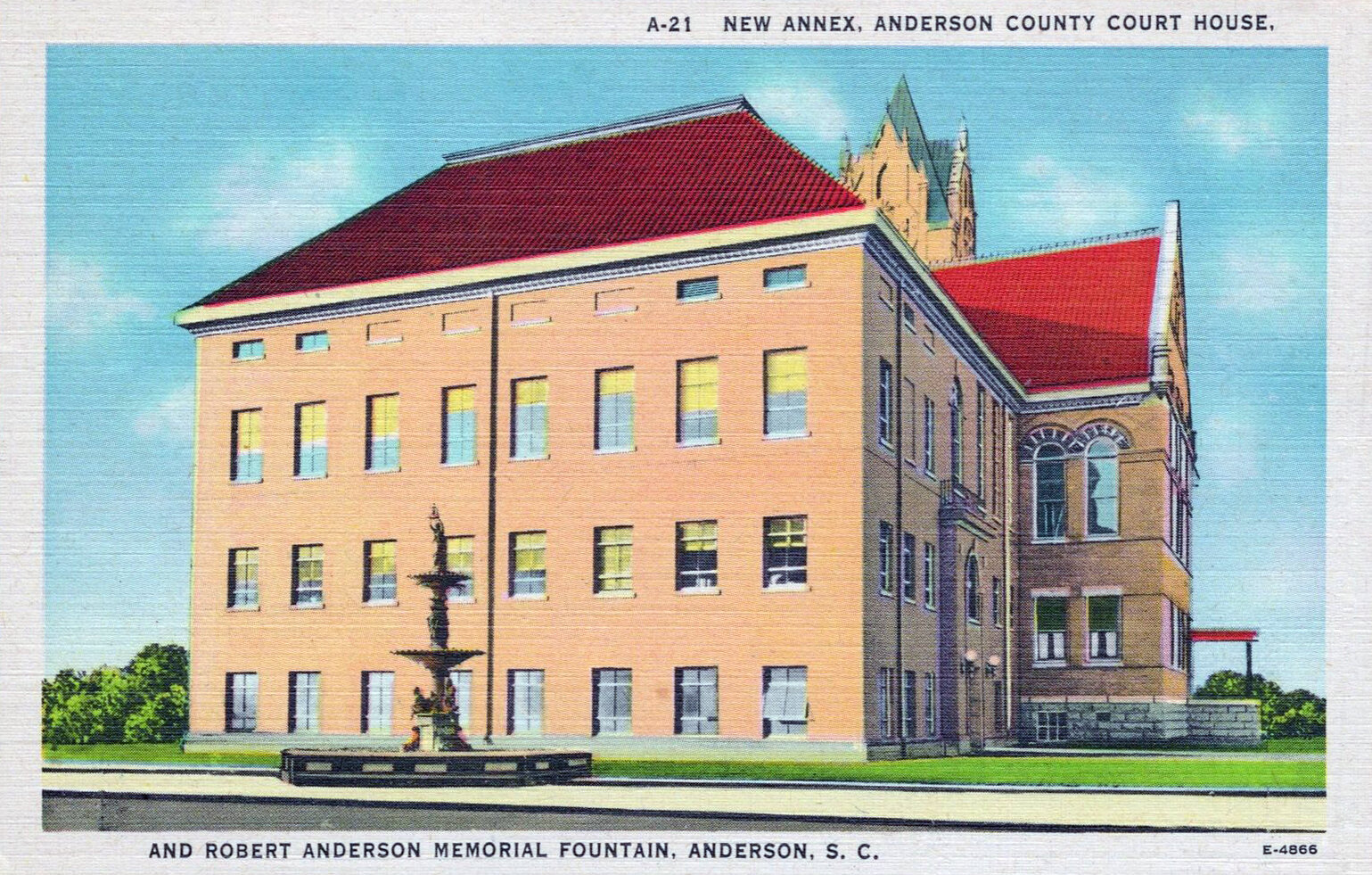 Historic Anderson County Courthouse annex in Anderson, South Carolina, shown in a public-domain postcard image.