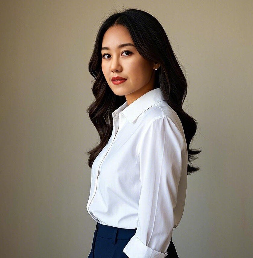 Mia wearing a white dress shirt and black slacks
