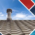 A tiled roof with a chimney and a blue sky.