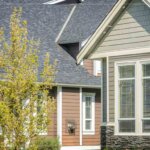 A house with siding and a tree in front of it.