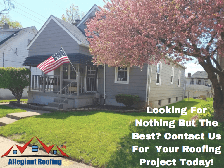 A flag promoting the best contact for shingle roof replacement today.