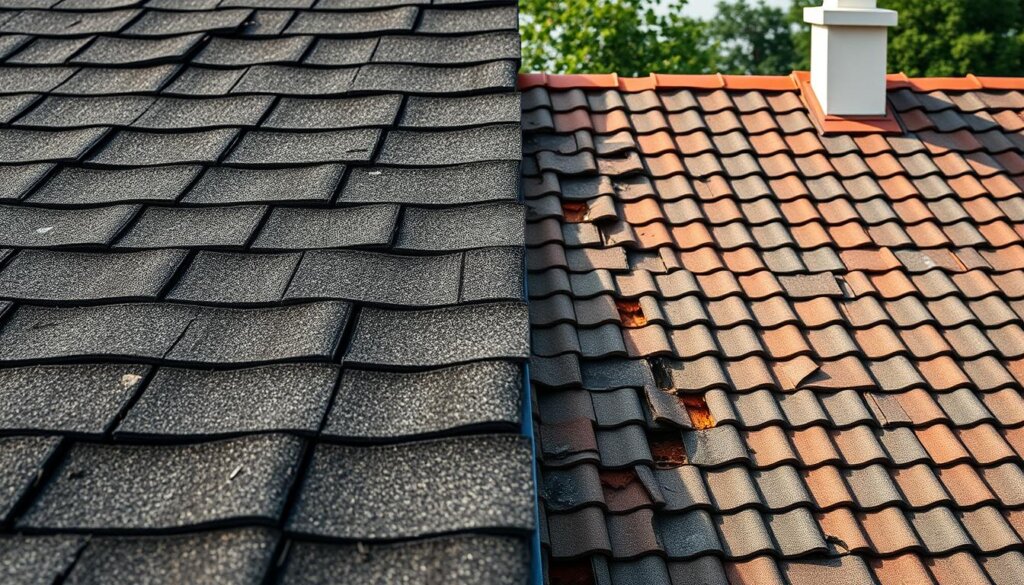 A side-by-side comparison of a weathered roof in need of repair and a freshly installed roof replacement.