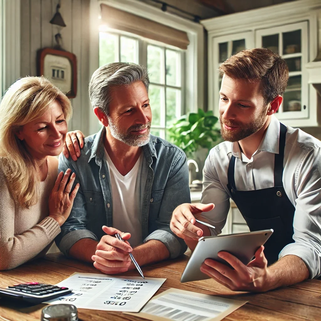 A middle-aged couple sitting at their kitchen table with a professional roofing contractor, reviewing different financing options on a tablet screen. Documents and a calculator are spread on the table, creating a warm and trustworthy setting.