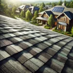 Close-up of eco-friendly roof shingles made from recycled materials such as rubber, plastic, or composite, with a textured, natural appearance. The background features a blurred, green suburban neighborhood with energy-efficient homes and solar panels.