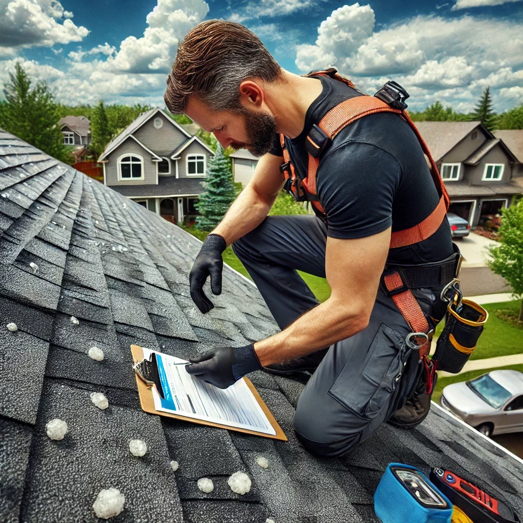 A professional roofer wearing a safety harness and work gloves kneeling on a hail-damaged asphalt shingle roof. The roofer is closely examining visible impact marks and dents caused by hail. A clipboard with inspection notes is beside them. The background shows a suburban neighborhood with houses and trees under a partly cloudy sky.