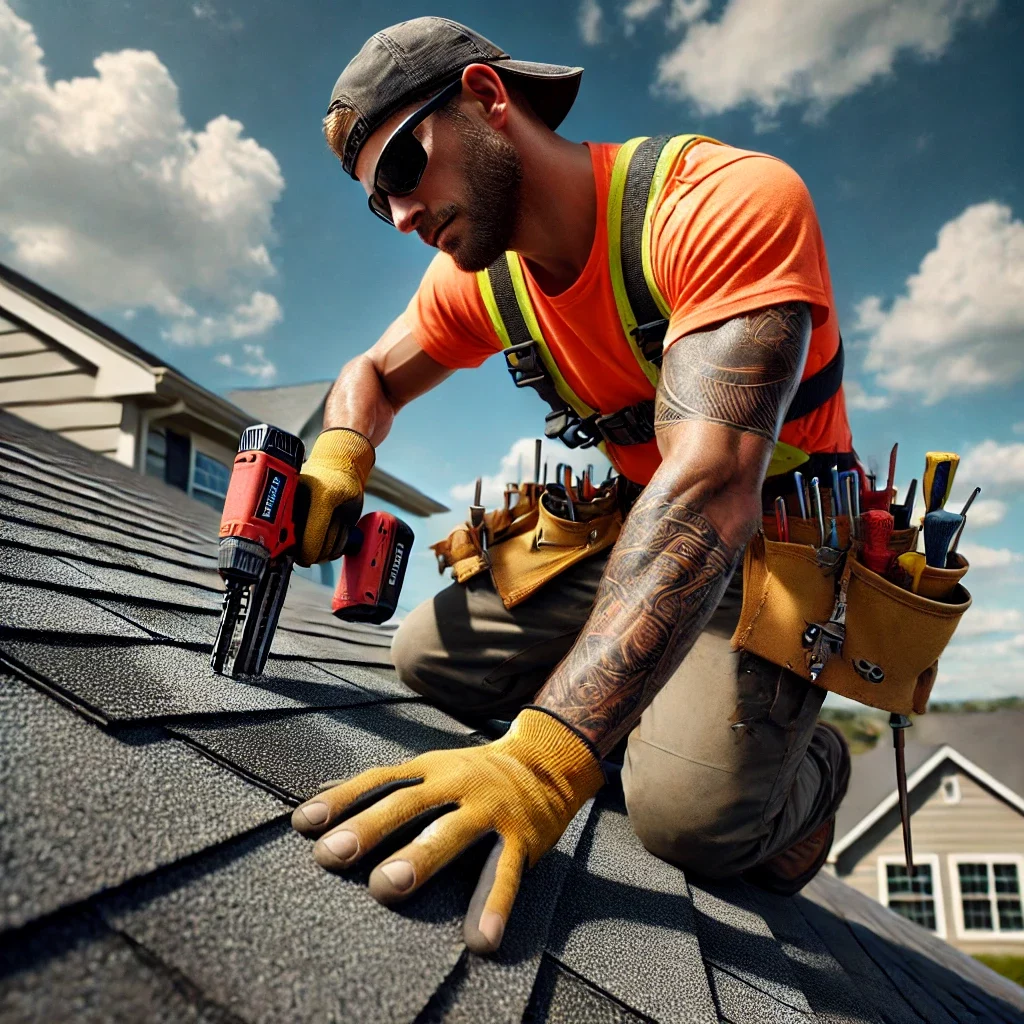 professional roofer working on a suburban house roof. He is wearing an orange t-shirt under a safety harness, a backward cap, sunglasses, and tool belts filled with various roofing tools.