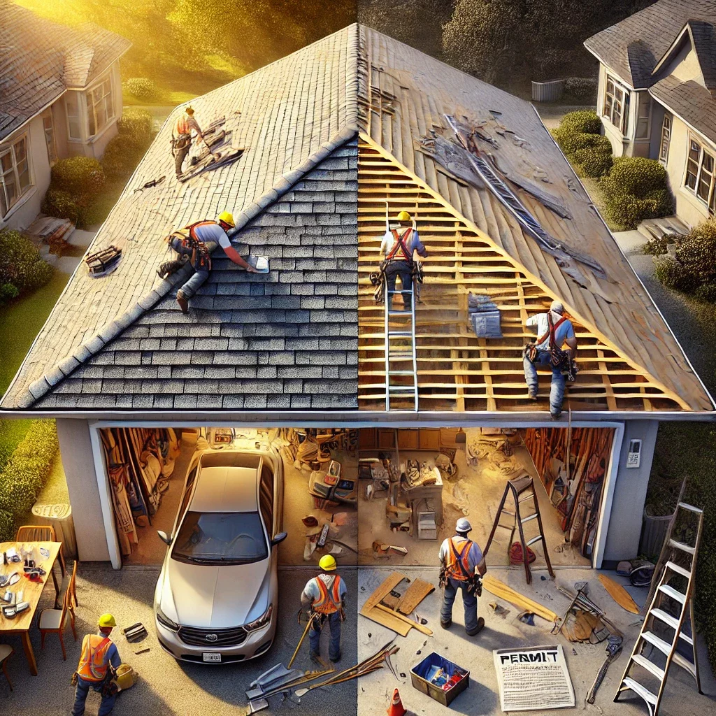 A side-by-side comparison image highlighting the difference between a professionally permitted garage roof repair and an unpermitted, unsafe DIY project.