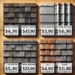 A detailed side-by-side comparison of different roofing materials used in Ohio homes, featuring close-up shots of asphalt shingles, metal roofing, tile roofing, and slate roofing, each labeled with their average cost per square foot.