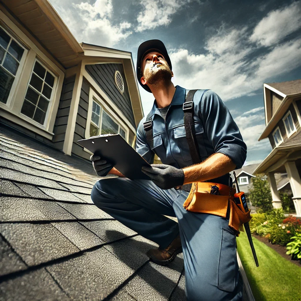 A professional roofing contractor wearing a navy-blue uniform, reflective safety vest, hard hat, and work gloves stands on the lawn outside a suburban home, looking up at the roof. 